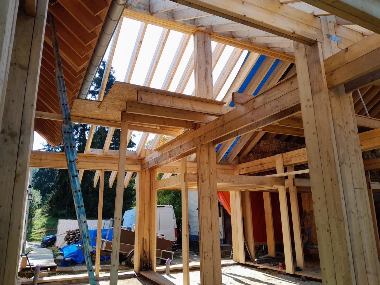 Binnenwerk van een houtskeletbouwproject — natuurlijk licht door de open dakconstructie, vakwerk in uitvoering